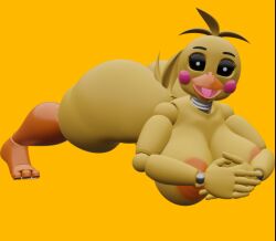 3d anthro ass_up big_ass big_breasts black_sclera blender five_nights_at_freddy's five_nights_at_freddy's_2 jack-o_pose runaboo_chica solo tongue tongue_out toy_chica_(fnaf) white_iris yellow_background yellow_skin