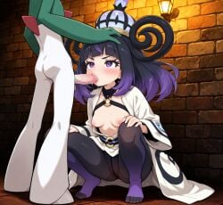 1boy 1girls ai_generated blowjob erureido fellatio female_human/male_pokemon gallade gwynn_(pokemon) hat hidden muku_(pokemon) pantyhose pokemon pokemon_(species) pokemon_legends:_z-a pokephilia purple_eyes purple_hair sewage small_breasts spooky
