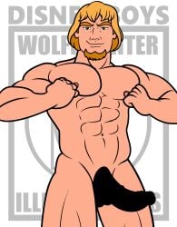 1boy 1male abs balls_outline bara biceps big_balls big_penis black_pubic_hair brown_eyes brown_hair cartoony caucasian caucasian_male censored_penis disney disney_prince erection foreskin foreskin_folds fully_retracted_foreskin gloves human human_only intact looking_at_viewer male male_nipples male_only muscle muscles muscular_male pecs penis_outline phoebus presenting presenting_balls pubes shaved_crotch shoulder_pads smile smiling smooth_skinned_male solo uncut veiny_penis white_background wolffhunter_art