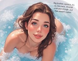 1girls ai_generated ass bath beautiful brown_hair english_text imminent_incest in_water incest incest_(lore) little_sister naked nude nude_female original original_character pool sister swimming_pool text watermark wet_body