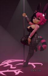 anthro bunny_costume cheshire_sammy_(in_heat) clothing corruption costume dancing felid female fishnet_clothing fishnet_legwear fur hair hi_res in_heat_(game) legwear mammal multicolored_hair pantherine pole pole_dancing protoafterdark solo striped_body striped_fur stripes thick_thighs tiger
