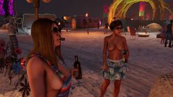 3d 3d_(artwork) absurd_res absurdres alcohol bare_shoulders cleavage collarbone denim_shorts edited_screencap erect_nipples flower_skirt game_mod high_resolution highres huge_breasts jean_shorts mature_female miniskirt navel overalls plaid_miniskirt plaid_skirt short_skirt sideboob skirt sunglasses sweater tagme tinted_eyewear trissciri unnamed_characters watch_dogs watch_dogs_2