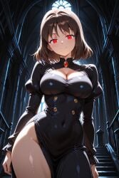 1girl ai-created ai_generated arms_at_sides backlighting black_dress blush breasts brooch brown_hair buttons church cleavage cleavage_cutout closed_mouth clothing_cutout contrapposto covered_navel cowboy_shot dress female gem glowing glowing_eyes groin hair_intakes ikusa_otome_valkyrie indoors jewelry juliet_sleeves large_breasts long_sleeves looking_at_viewer medium_breasts medium_hair pelvic_curtain pixiv princess_laura_(ikusa_otome_valkyrie) puffy_long_sleeves puffy_sleeves red_eyes red_gemstone rena_aikawa_(pixiv_user) seductive_look short_hair side_slit smile solo stable_diffusion stairs standing taut_clothes taut_dress thighs vampire vampire_girl wide_hips