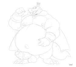 absurd_res anthro balls belly big_belly crocodilian crown donkey_kong_(series) erection genitals hand_on_stomach hi_res k_rool kremling male muscular muscular_male navel nintendo overweight overweight_male penis reptile scalie sharp_teeth solo strongfat teeth video_games wani_panic