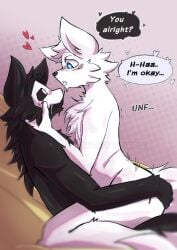 ambiguous_penetration anthro anthro_on_anthro anthro_only anthro_penetrated anthro_penetrating_anthro asking bed black_body black_fur black_sclera blue_eyes blush blush_lines bone_mask changed_(video_game) colin_(changed) cowgirl cowgirl_position dark_latex duo embarrassed first_time fluffy fluffy_chest from_front_position fur furry gentle_femdom gentle_sex goo goo_creature heart heart_symbol holding_ass holding_butt holding_head holding_partner light_latex_(changed) lin_(changed) male male/male nervous penetration puro_(changed) reassuring romantic romantic_couple romantic_sex saliva saliva_drip saliva_string saliva_trail sex simple_background skull_mask staring straddling sweat sweatdrop tail talking talking_to_another white_body white_eyes white_fur white_mask white_sclera