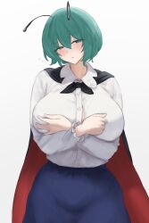 :/ absurdres alternate_breast_size_(larger) antennae big_breasts black_cloak blush breasts cloak commentary covering_breasts covering_privates crossed_arms dated_commentary female flying_sweatdrops frilled_sleeves frills green_eyes green_hair hair_between_eyes highres huge_breasts large_breasts long_sleeves looking_at_viewer moriforest1040 shirt shirt_tucked_in short_hair simple_background solo touhou two-sided_cloak two-sided_fabric white_background white_shirt wriggle_nightbug