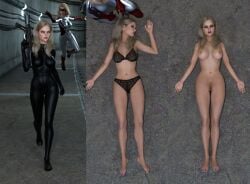 2girls 3d assault_rifle black_bodysuit black_bra black_panties blonde_hair bodysuit bra clothed clothed_female down_out_stripped full_body fully_clothed fully_clothed_female gun nude nude_female on/off original panties sequence unconscious underwear weapon