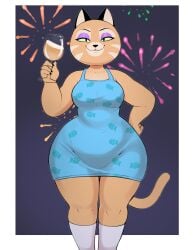 1girls animal_ears animal_tail anthro black_eyes blue_dress breasts cat_ears cat_girl cat_tail catgirl clothing dress drink eyeshadow feline female female_only fireworks furry glass half-closed_eyes hand_on_hip hips holding_drink holding_object huge_ass miss_berlo original original_character purple_eyeshadow short_dress solo solo_female thick_thighs usnarbit wide_hips