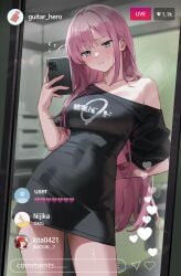 3girls absurdres arm_behind_back baggy_clothes black_dress black_shirt blush bocchi_the_rock! breasts cellphone commentary covered_navel dress female female_only female_pov full-length_mirror gotou_hitori highres holding holding_phone ijichi_nijika indoors kessoku_band_logo kessoku_band_t-shirt kita_ikuyo large_breasts livestream long_hair meme mirror mirror_selfie multiple_girls no_pants off_shoulder oversized_clothes oversized_shirt pajamas_challenge_(meme) phone pink_hair pov pulling_own_clothes reflection selfie shirt side_ahoge single_bare_shoulder smartphone solo solo_focus symbol-only_commentary t-shirt taking_picture taut_clothes taut_shirt thighs tight_clothes tight_shirt very_long_hair yoi_don