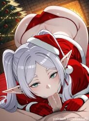 1girls ai_assisted ai_generated ass_up blurry_background christmas christmas_lights christmas_tree earrings elf_ears elf_female elf_girl frieren frieren_beyond_journey's_end green_eyes half-closed_eyes indoors inside looking_at_viewer night parted_bangs ponytails red_bed_sheet rissuai room seductive seductive_look sexy sexy_pose sousou_no_frieren sucking sucking_penis thick_eyebrows twintails white_eyebrows white_hair