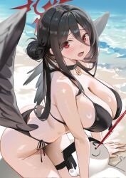 1boy absurdres arm_support aroused_nosebleed beach bikini black_bikini black_choker black_hair black_wings blood blue_archive blush breasts choker commentary_request day doodle_sensei_(blue_archive) feathered_wings female from_side furrowed_brow hair_between_eyes hair_bun halo hasumi_(blue_archive) hasumi_(swimsuit)_(blue_archive) highres huge_breasts long_hair_between_eyes looking_at_viewer low_wings lying mole mole_under_eye nosebleed ocean official_alternate_costume official_alternate_hairstyle on_back open_mouth outdoors oversized_wings pendant_choker red_eyes red_halo sensei_(blue_archive) shiny_skin shore side-tie_bikini_bottom single_side_bun solo_focus sweat swimsuit thigh_strap wings worried yoi_don
