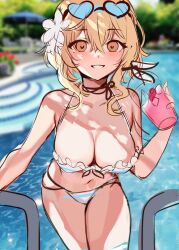 belly belly_button big_breasts bikini blonde_hair breasts drink flower_in_hair genshin_impact golden_hair large_breasts lumine_(genshin_impact) orange_eyes smile squchan sunglasses sunglasses_on_head swimming_pool swimwear thick thick_thighs thighs tummy twin wip