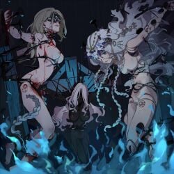 3girls amputee barbed_wire blindfold_mask blonde_hair blood blood_from_mouth blood_on_face blue_eyes blue_fire braid branded breasts bruise bruise_on_face bruise_on_stomach burning_at_the_stake commentary commentary_request completely_nude cracked_skin crucifixion cuts dark-skinned_female dark_skin doll_joints duchess_(elden_ring) elden_ring elden_ring_nightreign empty_eyes ero_guro execution fire flower_wreath full_body futa_yuri_ryona guro highres imminent_death impaled injury joints large_breasts legless_amputee long_hair low_twin_braids mask medium_breasts multiple_girls nail_(hardware) nipples nude open_mouth parted_lips pole recluse_(elden_ring) restrained revenant_(elden_ring) ryona stationary_restraints teeth twin_braids very_dark_skin white_hair