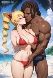 ai_generated big_breasts blonde_hair claire_harvey dark-skinned_male interracial kissing rubbing_pussy twintails wet_pussy
