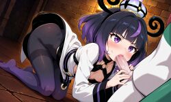 1boy 1girls ai_generated blowjob erureido fellatio female_human/male_pokemon gallade gwynn_(pokemon) hat hidden muku_(pokemon) pantyhose pokemon pokemon_(species) pokemon_legends:_z-a pokephilia purple_eyes purple_hair sewage small_breasts spooky