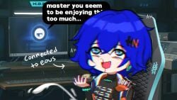 :d aroused_nosebleed arrow_(symbol) artist_name belle_(zenless_zone_zero) black_shirt blood blue_eyes blue_hair chair chromatic_aberration commentary crossed_bangs cum earrings english_commentary english_text excessive_nosebleed fairy_(zenless_zone_zero) female fingerless_gloves game_screenshot_background gaming_chair gloves hair_between_eyes hair_ornament indoors jacket jewelry mesaria_art monitor nosebleed open_mouth orange_gloves projectile_cum screenshot_background shirt short_hair single_fang single_glove smile speech_bubble swivel_chair turtleneck upper_body zenless_zone_zero