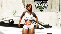 3d 3d_(artwork) absurd_res alternate_outfit beautiful_woman beltshorts blush brown_eyes brown_hair cleavage collarbone dark_skinned_female denim_shorts earrings emotionless emotionless_female exposed_cleavage expressionless game_mod grand_theft_auto grand_theft_auto_v gta_prostitute highres huge_breasts leaning_against_car logo long_hair mature_female modification nivinha prostitute rockstar_games source_request sports_car text tight_clothing white_shorts wide_hips