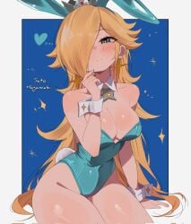 alternate_breast_size_(larger) animal_ears arm_support artist_name bare_shoulders blonde_hair blue_background blue_eyes blue_leotard blush border breasts bunny_ears bunnysuit closed_mouth commentary covered_navel crown detached_collar earrings english_commentary fake_animal_ears fake_tail female female_only flipped_hair hair_over_one_eye hand_up heart highleg highleg_leotard highres jewelry large_breasts leotard long_hair looking_at_viewer mario_(series) nintendo princess_rosalina rabbit_ears rabbit_tail rosalina sato_hagamaki silver_crown simple_background solo star_(symbol) star_earrings strapless strapless_leotard tail white_border white_wrist_cuffs wrist_cuffs