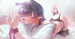 arched_back ass_up biting_pillow blushing feet_tied feet_up female female_only hands_tied hololive hololive_english lingerie ninomae_ina'nis pointy_ears purple_hair virtual_youtuber vtuber
