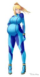 1girls bbw belly big_belly big_breasts bodysuit breasts clothing cubby fat female female_only huge_belly huge_breasts light-skinned_female light_skin metroid nintendo overweight samus_aran solo solo_female standing thickerwasp weight_gain white_background zero_suit_samus