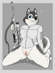 absurd_res after_sex anthro aroused bedroom_eyes blush bodily_fluids body_blush boots bottomless breasts canid canine canis clitoris clothed clothing cum cum_in_pussy cum_inside cum_on_ground domestic_dog female fish_birb footwear fur furry furry_only genital_fluids genitals gun heart hi_res husky jacket kneeling mammal narrowed_eyes nordic_sled_dog partially_clothed pussy pussy_blush ranged_weapon rifle seductive siberian_husky slightly_chubby sniper_rifle solo spitz spread_legs spreading tail topwear weapon