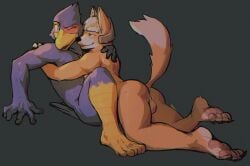5_fingers 5_toes anthro anthro_on_anthro anus arm_around_partner ass avian backsack balls barefoot beak big_butt biped bird black_claws black_nose blue_body blue_feathers canid canine claws digital_drawing_(artwork) digital_media_(artwork) dipstick_tail falco_lombardi falcon falconid feathers feet fingers fox fox_mccloud fur genitals grey_background hair hi_res hug imminent_sex jrjresq leg_markings looking_at_another male male/male male_anthro mammal markings nintendo nude nude_anthro nude_male one_eye_closed open_mouth orange_balls orange_body orange_fur pawpads pink_pawpads plantigrade raised_tail red_body red_feathers red_markings scuted_legs scutes shaded simple_background simple_shading smile socks_(marking) star_fox tail tail_feathers tail_markings thick_thighs three-quarter_view toe_claws toes white_body white_fur white_hair yellow_beak