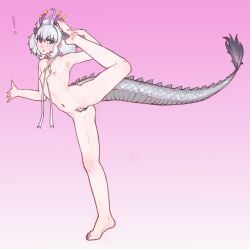 ! 10tile absurdres ahoge arm_up armpits ass_visible_through_thighs barefoot breasts censored commentary commission completely_nude dragon_ears dragon_girl dragon_horns dragon_tail english_commentary extra_ears female female_pubic_hair flexible full_body fur-tipped_tail gradient_background grey_hair grey_pubic_hair groin hair_between_eyes highres holding_own_leg horns kemono_friends kemono_friends_3 leg_lift long_tail medium_hair multicolored_horns navel neck_ribbon nipples nude open_mouth petite pubic_hair purple_eyes purple_horns pussy ribbon sidelocks small_breasts smile solo split standing standing_on_one_leg standing_split stomach tail tiptoes toes white_dragon_(kemono_friends) yellow_horns