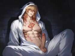 abs ai_generated amber_eyes anime blonde_hair cock dick earrings effects ghost_costume hairstyle honkai:_star_rail muscular_male mydei_(honkai:_star_rail) nijichara_(artist) nipples penis red_highlights red_tattoo red_tip veiny_penis