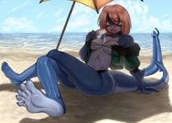 1girls background barefoot beach bikini_bottom blonde_hair blue_skin clawed_toes claws foot_fetish foot_focus ice_cream jacket large_breasts ocean puppiechewtoy shark_girl shark_tail sharp_teeth signature sitting sitting_on_floor suggestive_fluid suggestive_food thick_thighs tongue tongue_out two_tone_body umbrella