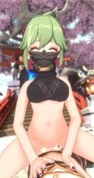 1boy 1girls 3d 3d_(artwork) aether_(genshin_impact) blender femdom genshin_impact green_hair happy kuki_shinobu long_hair mask mihoyo on_top penis pleasure_face riding riding_penis sex shrine vaginal_penetration vaginal_sex