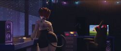 1boy cat_ears cat_tail computer computer_monitor drawing_tablet dumptruck_ass femboy huge_ass wide_hips