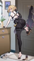 1girls ass back_home bare_shoulders big_breasts blonde_hair changing_clothes evelyn_chevalier exposed_back feet female foot_fetish fully_clothed gangjin gloves gymnast_socks high_heels leather_clothing leather_pants looking_back looking_back_at_viewer mihoyo sfw shoes shoes_removed taking_off_shoes tight_pants tiptoes zenless_zone_zero