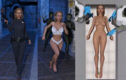 3d blonde_hair bra clothed clothed_female down_out_stripped female female_only full_body fully_clothed fully_clothed_female green-skinned_female green_skin gun handgun nude nude_female on/off original panties policewoman sequence underwear weapon white_bra white_panties
