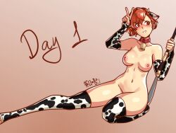 blush brown_eyes brown_hair collar cow_ears cow_print cow_stockings cowbell fake_animal_ears fake_horns female_protagonist_(persona_3) kotone_shiomi minako_arisato naked persona persona_3 persona_3_portable rellertr tagme