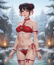 1girls ai_generated arm_accessory arm_scrunchie bell_accessory black_hair bow_accessory brazier choker christmas_outfit earrings frill_trim frilled_bikini frills hair_ribbon hot_spring onsen outdoors rgomez007 snow stable_diffusion string_panties twin_buns winter wrist_scrunchie