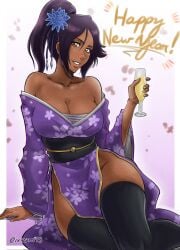 artist_name bare_shoulders black_thighhighs bleach border breasts collarbone cup dark-skinned_female dark_skin drinking_glass female female_only flower flower_on_head hair_flower hair_ornament happy_new_year highres holding_wine_glass ivizard_art93 japanese_clothes kimono large_breasts long_hair looking_at_viewer new_year parted_bangs ponytail purple_hair shihouin_yoruichi simple_background sitting thighhighs white_border wine_glass yellow_eyes
