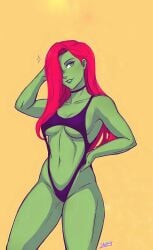 1girls 2d batman_(series) black_choker contrapposto curvaceous dc_comics green-skinned_female green_eyes green_lipstick green_skin hair_over_one_eye hand_on_hip_on_head harley_quinn_(series) hourglass_figure iahfy linea_alba long_legs navel pamela_isley pinup poison_ivy red_hair revealing_clothes sideboob sling_swimsuit stars