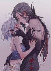 arlecchino_(genshin_impact) athletic athletic_female blush cesarzebrah clothed clothes clothing dominant_female female female_focus female_only furina_(genshin_impact) genshin_impact hands_in_pants height_difference hoyoverse kissing larger_female lesbian lesbian_kiss long_hair muscular_female shorter_female size_difference smaller_female submissive_female suggestive suggestive_gesture suggestive_pose taller yuri