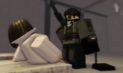 1boy 1girls 3d agent_(decaying_winter) bloxmodeller decaying_winter firearm gun looking_at_another machine_gun nervous restraints roblox roblox_game robloxian self_upload tagme yosef_(decaying_winter)