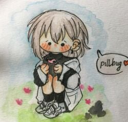 bang_dream! bang_dream!_it's_mygo!!!!! black_collar black_shirt black_socks bug collar commentary earrings english_commentary female flower glasses grey_hair highres holding_bug jacket jewelry looking_down no_mouth non-web_source pillbug sfw shirt shoes short_hair simple_background sitting socks takamatsu_tomori white_background white_jacket white_shoes