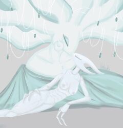 hollow_knight hollow_knight:_silksong hollow_knight_(franchise) team_cherry bug bug_girl 2girls breasts pussy yuri lesbian_sex white_lady_(hollow_knight) white_body dryya_(hollow_knight) plant plant_girl kiss kissing small_breasts