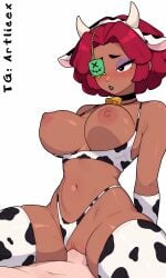 1boy ai ai_assisted ai_generated animated ass big_ass big_breasts big_eyes big_head big_thighs bouncing_breasts brawl_stars breasts brown_fur brown_skin cow_ears cow_girl cow_print cowgirl_position cute cute_girl dark_skin dreadlocks eye_covered fake_horns focus focus_male full_body fur furry gloves horns intersex juju_(brawl_stars) kneeling kneeling_oral_position large_ass large_breasts large_ears large_thighs lingerie necklace nipples only pussy r63 red_hair riding riding_penis sex shy simple_background smile solo tagme tail vaginal_penetration video white_gloves