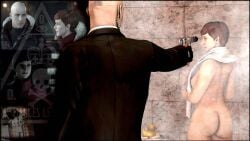 3d 3d_(artwork) agent_47 aiming_weapon artist_request ass barcode barcode_on_head before_and_after brown_hair clothed_male_nude_female diana_burnwood earpiece flashback handgun hitman hitman_(2016) hitman_absolution hitman_blood_money large_breasts nude_female_clothed_male sfm short_hair showering sideboob source_filmmaker source_request suppressor tagme towel towel_around_neck watermark