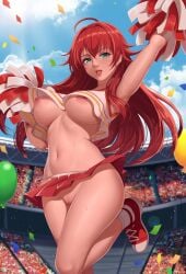 :d ahoge alternate_costume arm_up blue_eyes blue_sky breasts cheerleader confetti crop_top crossed_bangs crowd day exlic female green_eyes hair_between_eyes high_school_dxd highres holding holding_pom_poms large_breasts light_blush lips long_hair miniskirt navel nipple_slip nipples no_bra no_panties open_mouth outdoors pleated_skirt pom_pom_(cheerleading) pussy red_hair red_shoes red_trim rias_gremory shoes skirt sky smile sneakers socks solo_focus stadium standing