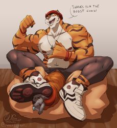 anthro balls big_balls cock_vore duo erection felid flexing fur genitals hi_res huge_balls hyper hyper_balls hyper_genitalia jewelry male male/male male_only mammal muscular muscular_male necklace orange_body orange_fur pantherine penile penis sharp_teeth teeth tiger vore wolfsecret