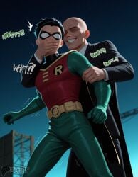 2boys ai_generated bald barefoot benj17 black_hair building caught danger dangerous dark_brown_hair dark_hair dc dc_comics devious english_text forced human imminent_cuckold light-skinned_male light_skin male male_only mask nude outside part_of_a_series part_of_a_set restrained robin_(dc) shiny_skin sky smile stable_diffusion superhero trapped villain watermark