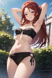 1girls ai_generated armpits arms_behind_head bikini breasts female female_only legs long_hair looking_at_viewer navel orifushi_mafuyu pose posing red_hair sensual sexy_armpits small_breasts smile solo thighs