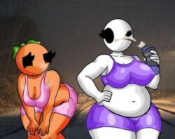2girls bald bald_female belly belly_button bent_over black_eyes bottle breasts catching_breath chetoh chubby chubby_female claire_(chetoh) cleavage crop_top drinking egg female female_focus female_only gym_clothes holding_bottle leaf leaf_hair liquid mandy_(chetoh) oc orange orange_body original original_character original_characters outside photo_background pink_shorts pink_topwear purple_shorts purple_topwear shorts squeezing_bottle steam steaming_body steamy_breath topwear white_body white_liquid wink winking winking_at_viewer