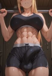 1futa abs ai_generated andreas_ai big_breasts big_penis big_testicles blonde_hair bra breasts bulge bulge_through_clothing darkness_(konosuba) explicit fit_female futa_only futanari genital_portrait gym heavy_breathing indoors kono_subarashii_sekai_ni_shukufuku_wo! konosuba lifting_weights light-skinned_futa long_hair midriff nsfw penis shorts side_bulge solo solo_futa sports_bra sports_shorts strong_female sweat teeth training