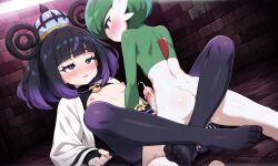 1boy 1girls ai_generated cum cum_on_face erureido female_human/male_pokemon gallade gwynn_(pokemon) hat hidden lipstick missionary_position muku_(pokemon) pantyhose pokemon pokemon_(species) pokemon_legends:_z-a pokephilia purple_eyes purple_hair purple_lipstick sewage sex small_breasts spooky